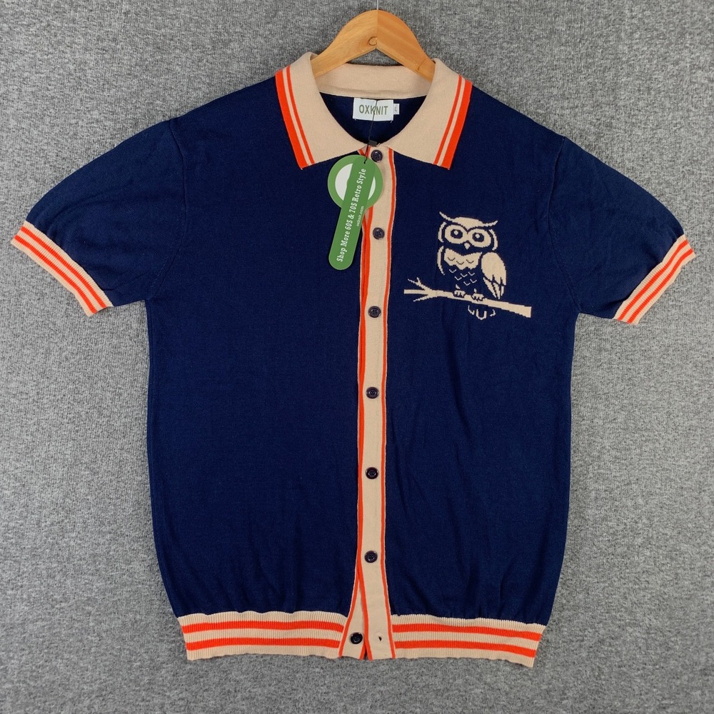 Oxknit Shirt Men Large Navy 70s Hippie Retro Owl Flamboyant Preppy NEW